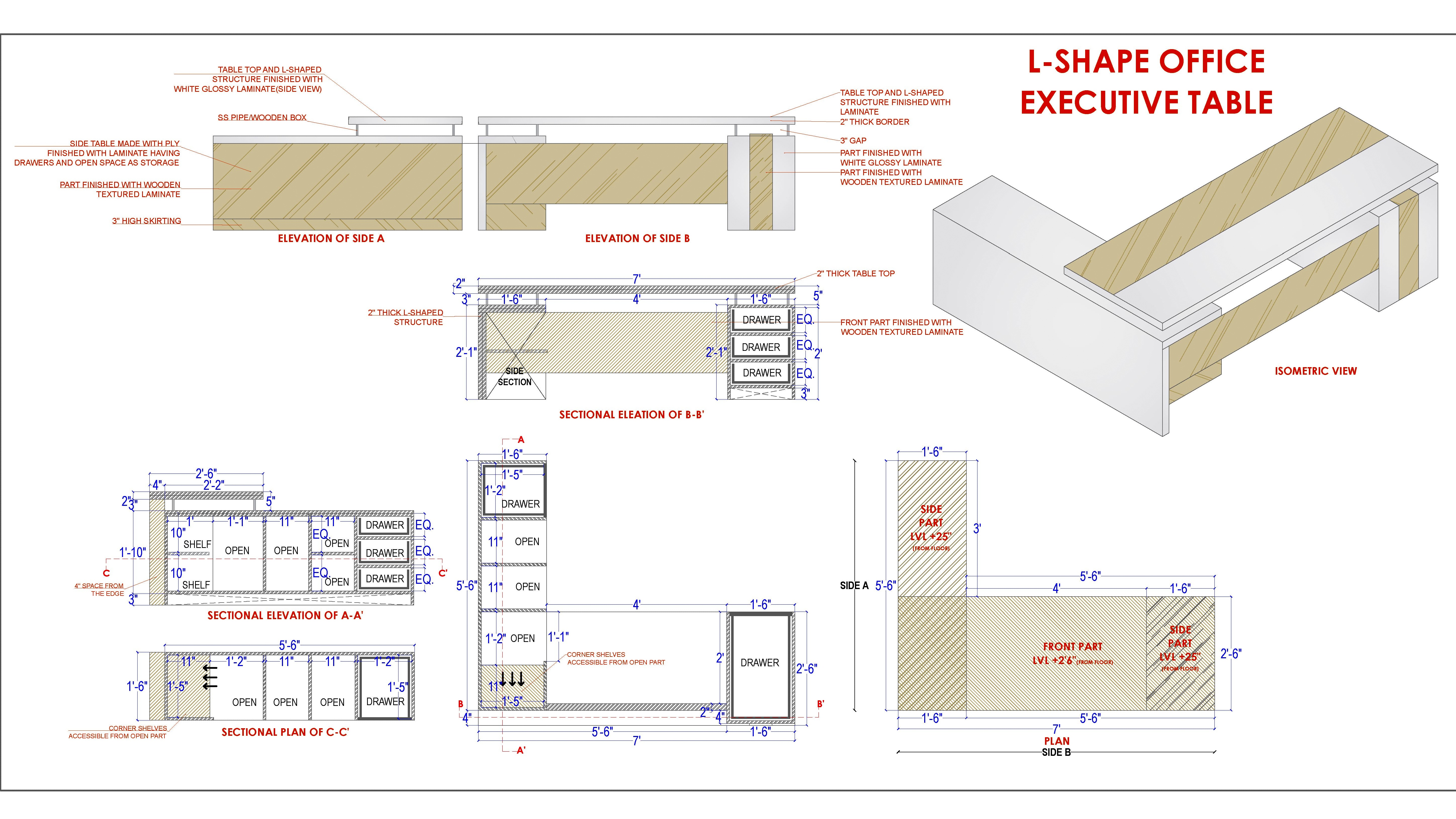 L-Shape Executive Office Desk CAD Drawing Download